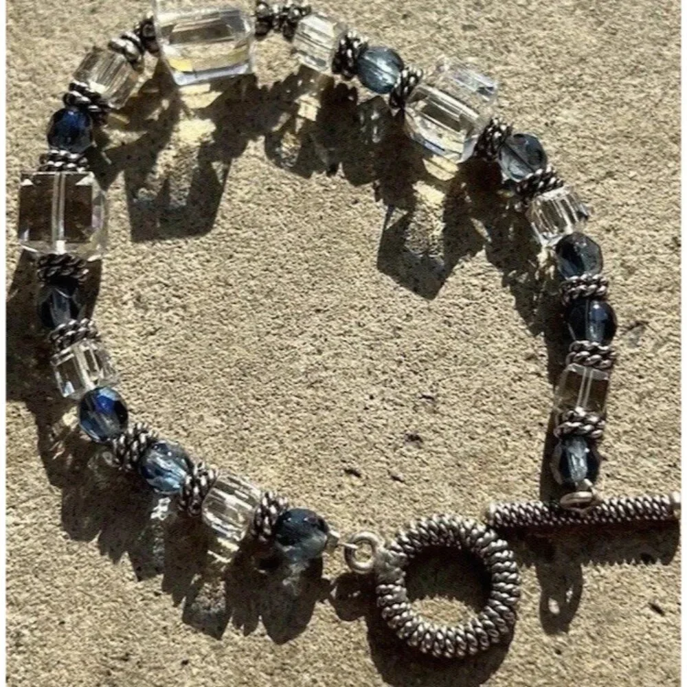 Vintage Silver Boho Chunky Blue White Clear Beaded Glass Women’s Sz 7”